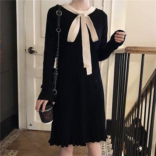Bow Accent Long-sleeve A-line Knit Dress As Shown In Figure - One Size