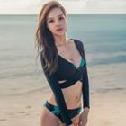 Set: Leaf Print Bikini + Wrap Front Cover-up
