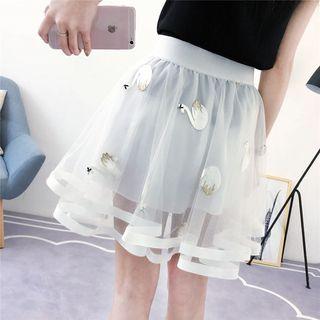 Swan Embroidered A-line Mesh Skirt