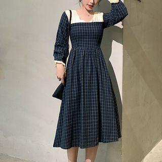 Long-sleeve Plaid Paneled Midi A-line Dress