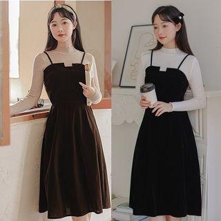 Mock-neck Knit Top / Spaghetti Strap Midi A-line Dress / Set