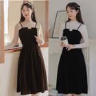 Mock-neck Knit Top / Spaghetti Strap Midi A-line Dress / Set