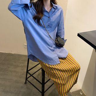 Plain Long-sleeve Loose-fit Shirt / Striped Skirt
