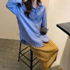 Plain Long-sleeve Loose-fit Shirt / Striped Skirt