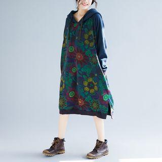 Flower Print Hoodie Dress Grayish Blue - One Size