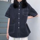 Contrast Stitch Elbow-sleeve Shirt