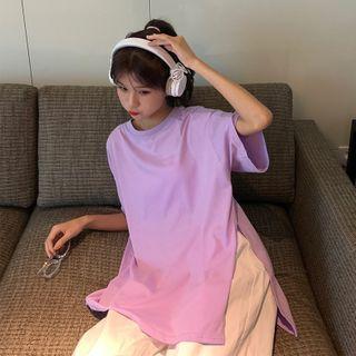 Slit-side Round Neck Plain Short-sleeve T-shirt