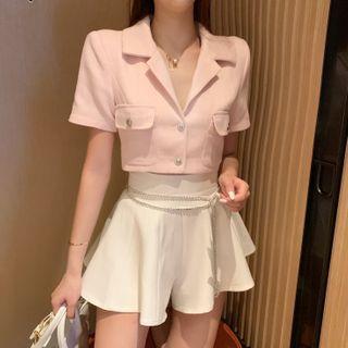 Short-sleeve Cropped Shirt / Mini Skort / Rhinestone Chain Belt