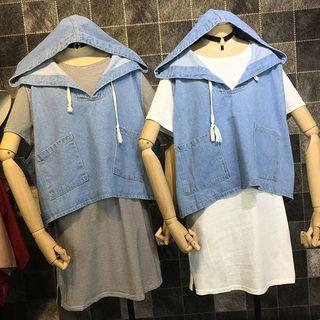 Set: Hooded Denim Vest + T-shirt Dress