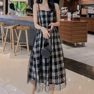Dotted Mesh Overlay Sleeveless Midi Dress