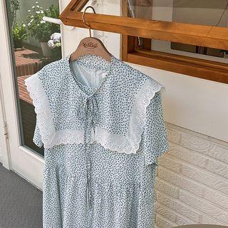 Lace-trim Sailor-collar Floral Maxi Dress