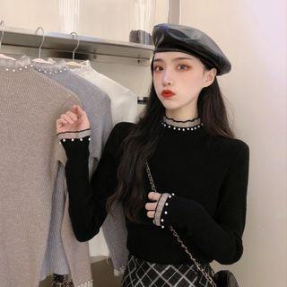 Long-sleeve Faux Pearl Mesh Trim Knit Top