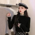 Long-sleeve Faux Pearl Mesh Trim Knit Top