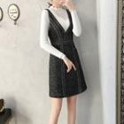 Mock-neck Long-sleeve Knit Top / V-neck Knit Pinafore Dress / Set