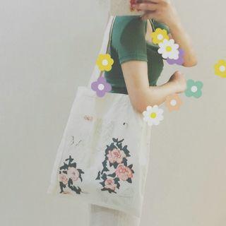 Rose Print Canvas Tote White - One Size