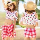 Set: Short-sleeve Printed Swim Top + Plaid Skirt