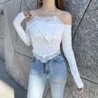 Long Sleeve Off-shoulder Lace-trim Knitted Crop Top