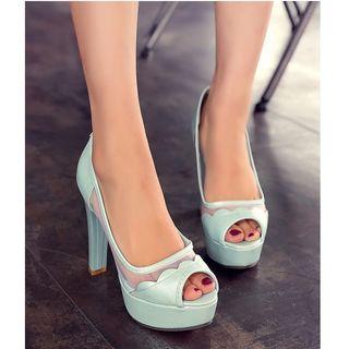 Mesh Panel Peep-toe High-heel Pumps