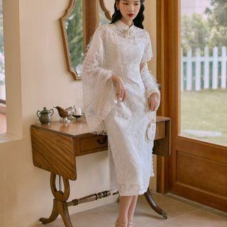 Short-sleeve Lace Qipao / Fringed Cape