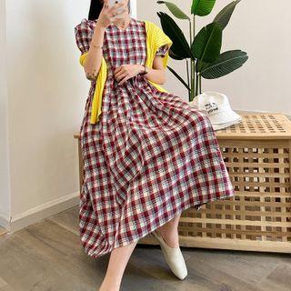 Plaid Puff-sleeve V-neck Midi A-line Dress