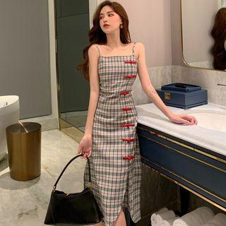 Plaid Spaghetti-strap Chinese Knot Button Midi Dress