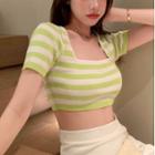 Square-neck Striped Knit Crop Top Stripes - Green & White - One Size