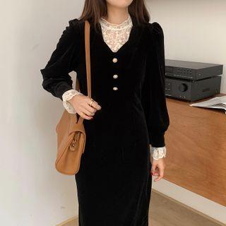 Long-sleeve Velvet Midi Dress / Lace Top