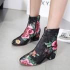 Floral Print Block Heel Short Boots