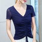 Mesh Panel Short-sleeve V-neck Drawstring T-shirt