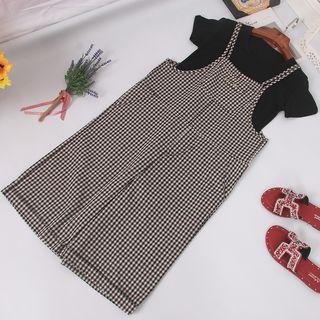 Set: Plain Short-sleeve T-shirt + Plaid Wide-leg Jumper Pants