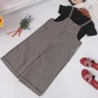 Set: Plain Short-sleeve T-shirt + Plaid Wide-leg Jumper Pants