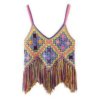 Fringed Knit Crop Camisole Top Floral - Neon Yellow & Purple - One Size