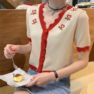 Embroidered Short-sleeve Knit Top Almond - One Size