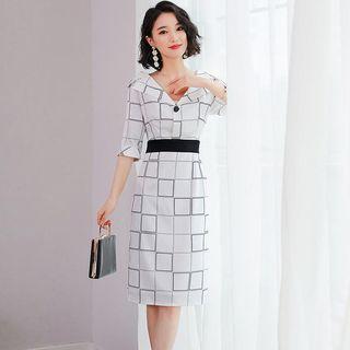 Elbow-sleeve Check Print Sheath Dress