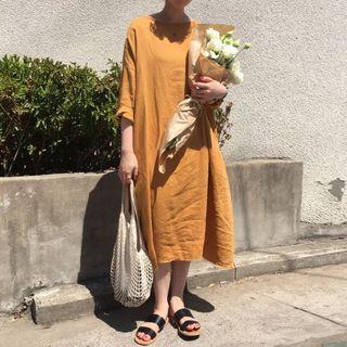 Long-sleeve Midi A-line Dress Yellow - One Size