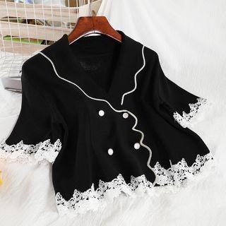 Short-sleeve Double Breasted Lace Trim Cardigan Black - One Size
