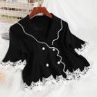 Short-sleeve Double Breasted Lace Trim Cardigan Black - One Size