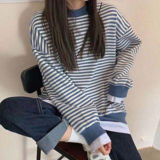 Striped Mock Two-piece Long-sleeve Sweatshirt Blue - One Size
