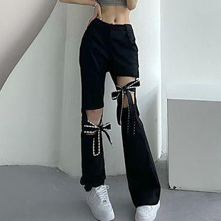 High Waist Bow Accent Distressed Bootcut Jeans