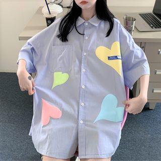 Heart Printed Short-sleeve  Button-up Shirt