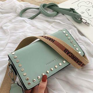 Studded Lettering Strap Flap Crossbody Bag