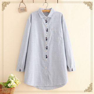 Cat Embroidered Pinstripe Long-sleeve Shirt As Shown In Figure - One Size
