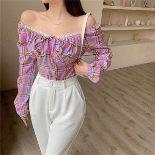 Puff-sleeve Plaid Blouse / Wide Leg Pants