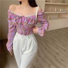 Puff-sleeve Plaid Blouse / Wide Leg Pants