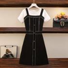 Short-sleeve Mock Two Midi A-line Dress