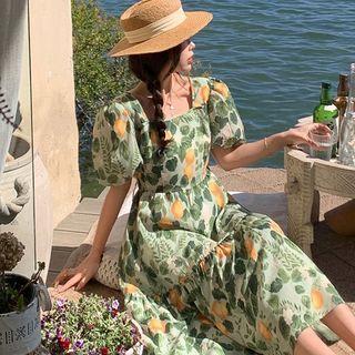 Puff Sleeve Square Neck Floral Print Tiered Midi Smock Dress