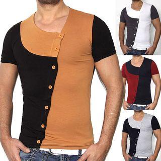 Short-sleeve Color Block Buttoned Top