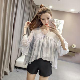 Ruffle Elbow-sleeve Chiffon Top