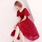 Short-sleeve Floral Lace A-line Evening Dress