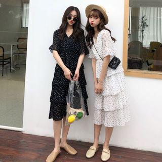 Elbow-sleeve Dotted Midi A-line Tiered Dress